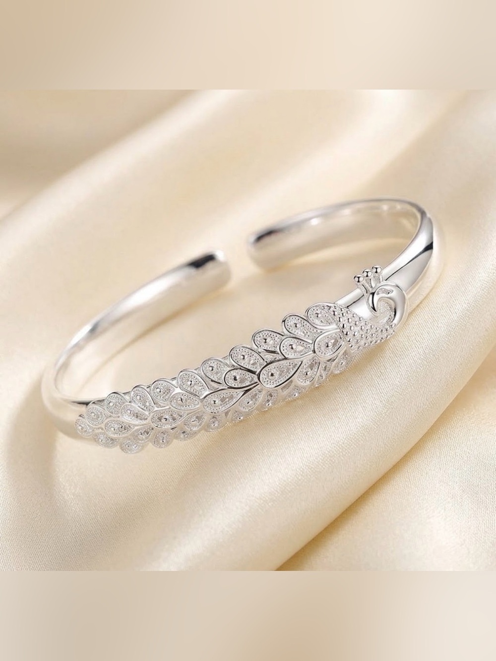 Sterling silver 999- Silver Peacock Cuff Bracelet - Sparkling Feather Detail